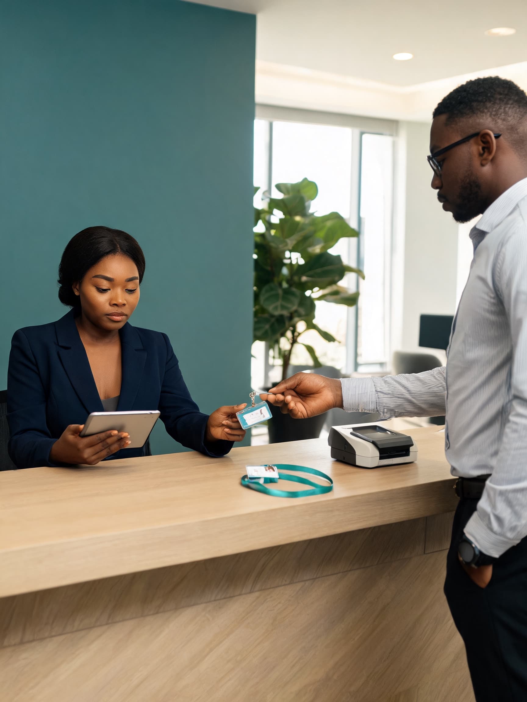 A front desk officer checking a visitor's badge at reception, tablet and card printer on the desk